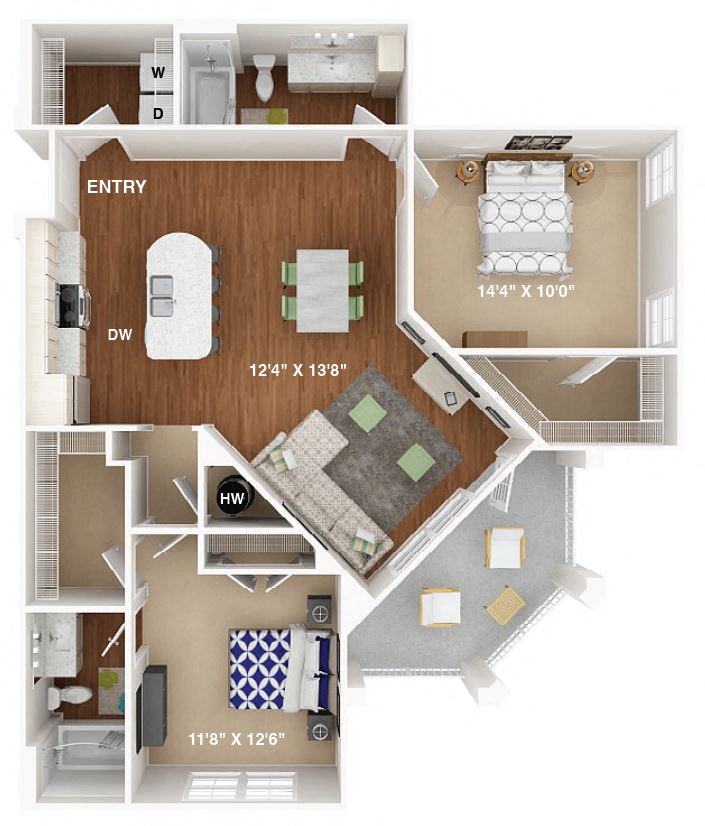 Floor plan for 2 beds, 2 baths, 1198 sqft